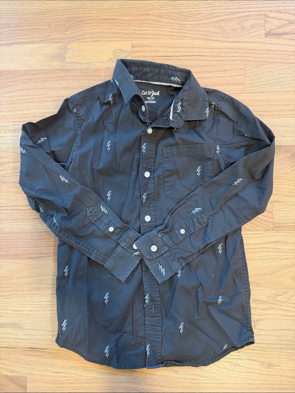 Cat & Jack Boys Charcoal Button-Down Shirt with Gray Lightning Print Size 8/10
